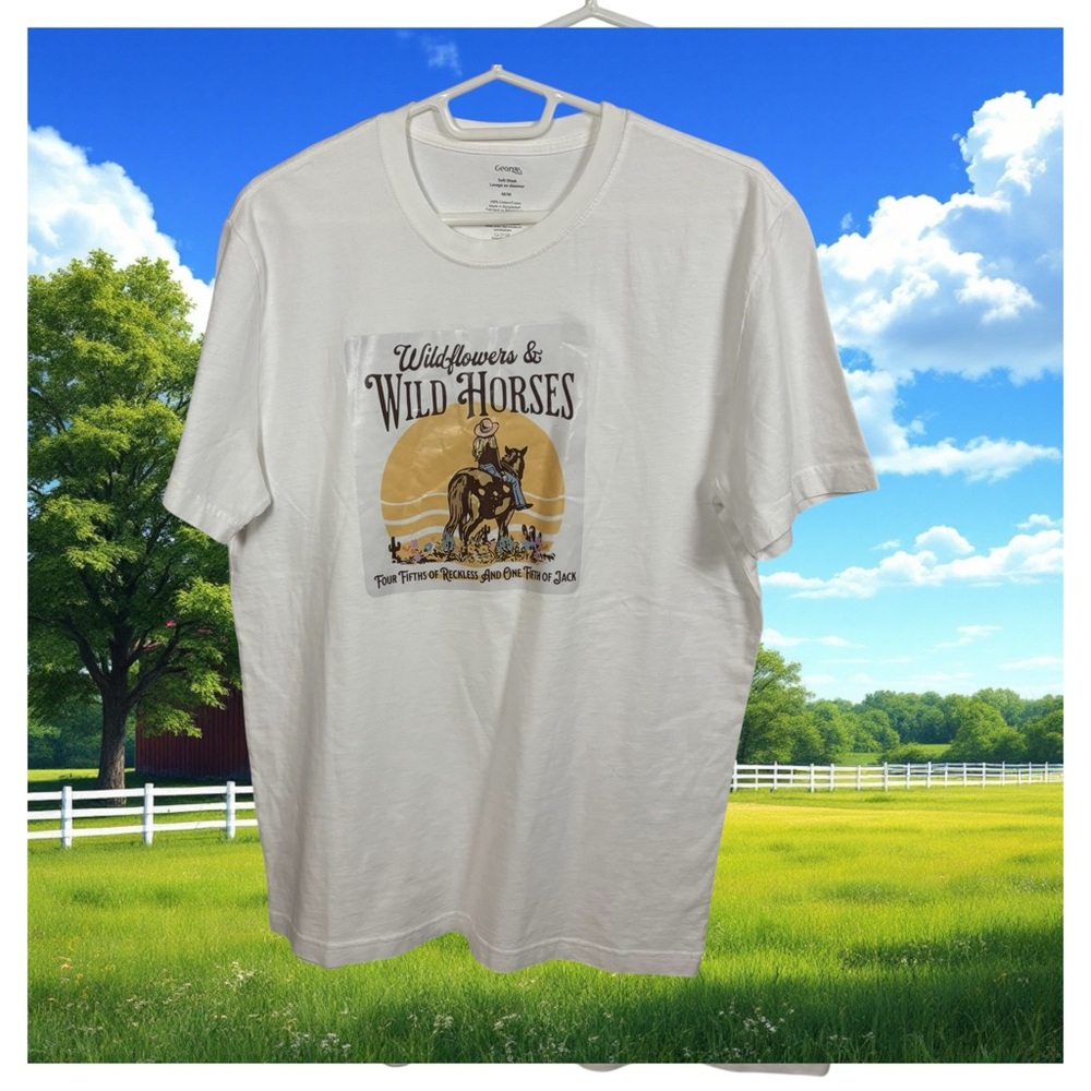 ROOMY Women’s GEORGE White Short Sleeve T Shirt, Equestrian Slogan Motif M-L
